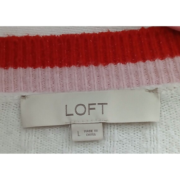 Y2K Preppy Cardigan Sweater LOFT Women’s L White Red Trim Ribbed Knit - Picture 6 of 7